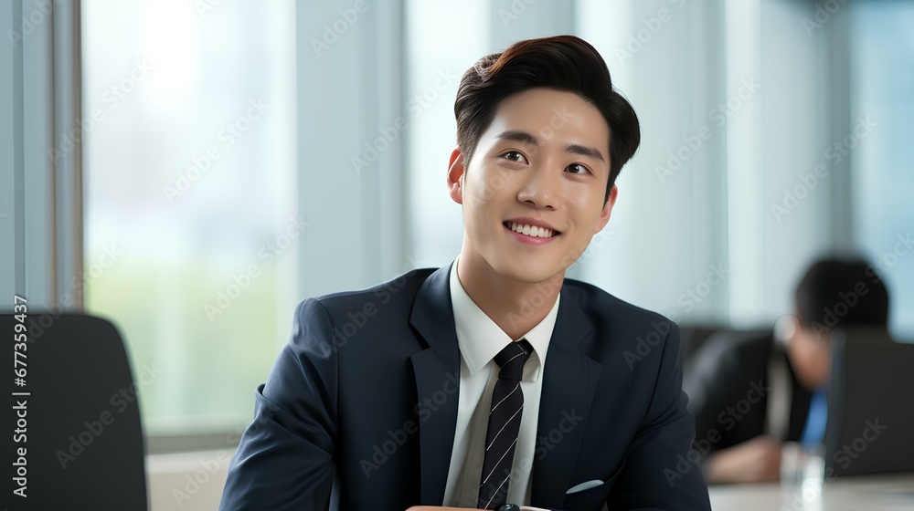Young happy korean business man worker or student sitting at meeting table listening attentively at work office meeting, education training class or conference event. generative AI Young happy korean business man worker or student sitting at meeting table listening attentively at work office meeting, education training class or conference event. generative AI