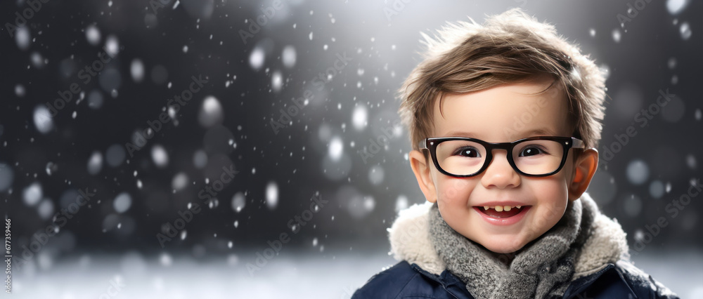 Winter themed toddler boy wearing glasses with room for copy space created with Generative AI technology Winter themed toddler boy wearing glasses with room for copy space created with Generative AI technology