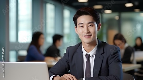 Young happy korean business man worker or student sitting at meeting table listening attentively at work office meeting, education training class or conference event. generative AI