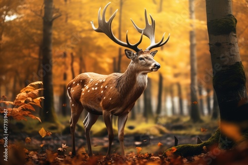 Male deer with antlers stand in forest in Autumn with beautiful foliage.