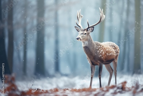 Male deer with antlers stand in forest in Winter with snow.