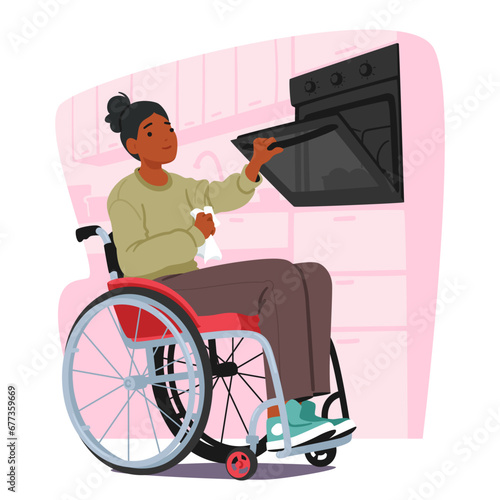 Woman In A Wheelchair Skillfully Prepares A Meal In The Kitchen. Female Character Confidently Using The Oven