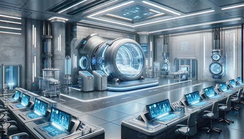 Futuristic Medical Facility with Advanced Equipment and Scientists Working on Cryopreservation Technology.