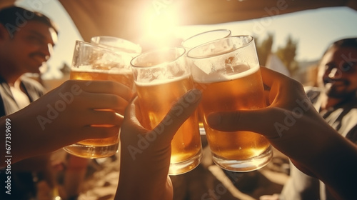  Friends mark the conclusion of the workweek by gathering at a bar  raising their beer glasses in a toast