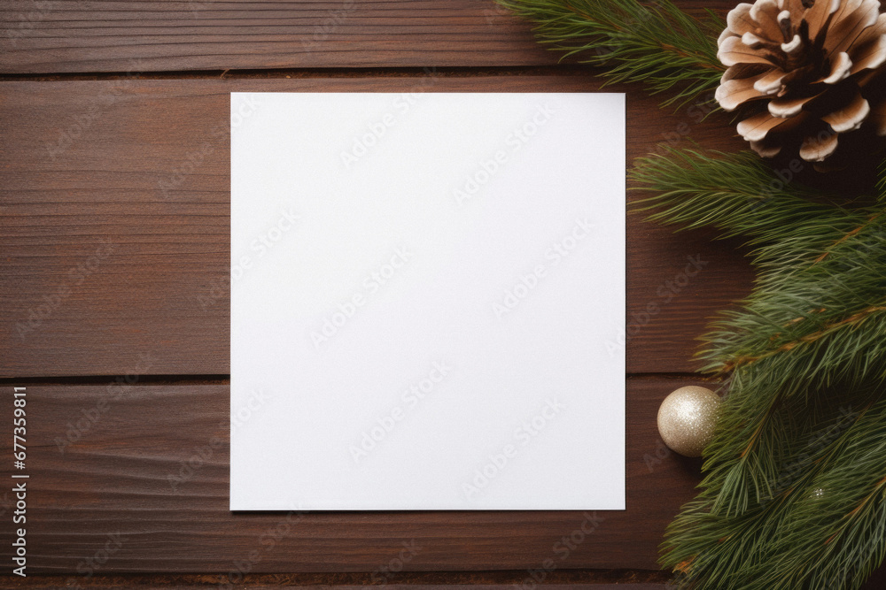 Christmas greeting card mockup on wooden background. Top view with copy space. Christmas greeting card mockup on wooden background. Top view with copy space.
