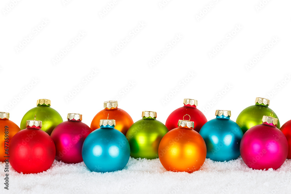 Christmas balls baubles in winter with copyspace copy space decoration isolated on a white background Christmas balls baubles in winter with copyspace copy space decoration isolated on a white background
