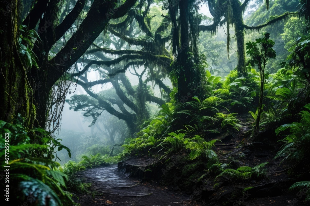 Fototapeta premium A deep rainforest with giant trees and fog. Vacation travel concept.
