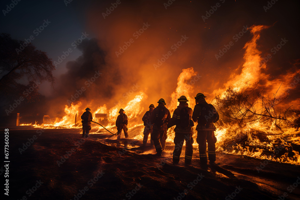 A group of firefighters fighting a fire - obrazy, fototapety, plakaty 
