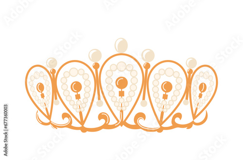 Gold filigree queen crown with jewelry pearl decoration, luxury monarch collection isolated on white