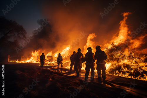 A group of firefighters fighting a fire photo