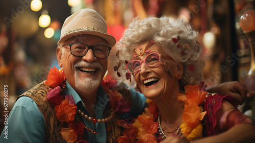 elderly couple dressed up at carnival, typical carnival masks photo