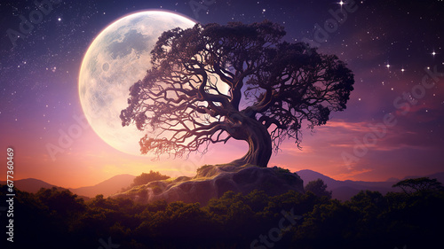 beautiful tree in the night with moon