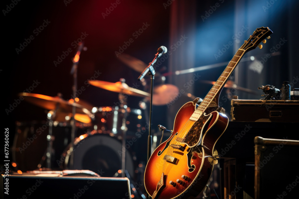 Jazz instruments for the band on the stage of the Music Hall Selective Focus