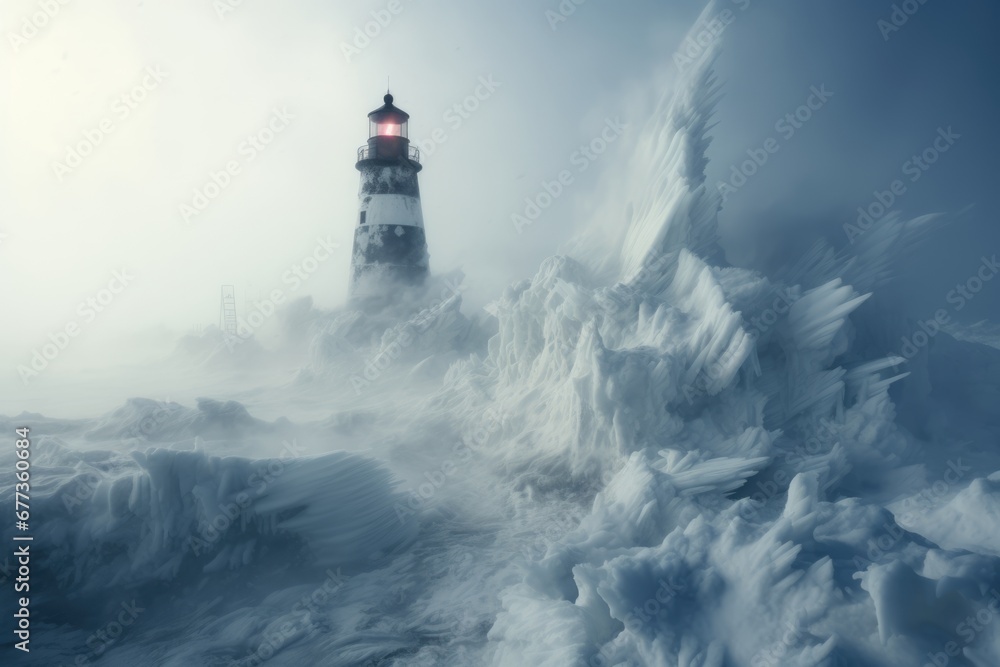 A lighthouse by sea covered by heavy snow and ice. Winter seasonal concept.