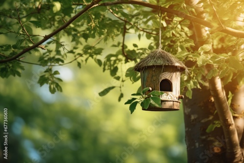 Close-up view of a small bird nest house on a green tree in woods. Spring seasonal concept.