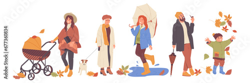 Happy people cartoon characters of different age walking in autumn street outside isolated set