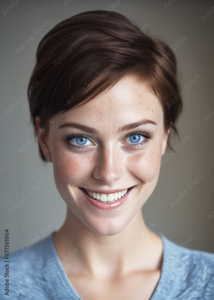 ritratto primo piano di giovane affascinante donna, sorriso smagliante, capelli corti castani, occhi azzurri ritratto primo piano di giovane affascinante donna, sorriso smagliante, capelli corti castani, occhi azzurri