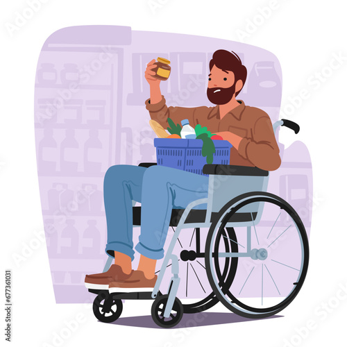 Disable Man In A Wheelchair Navigates Supermarket Aisles Independently, Male Character Displaying Resilience