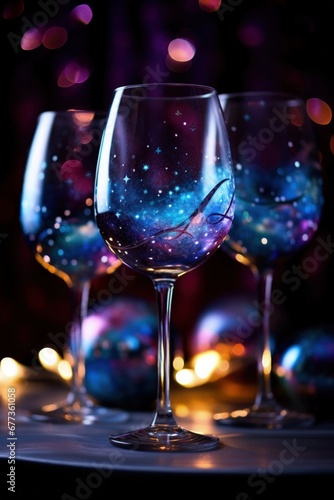 Nebulous effects with wine glasses under unusual lighting captured in a palette of cosmic purple twilight blue and stardust silver 