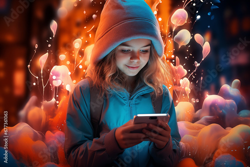 Girl with mobile phone in hands on abstract background. photo