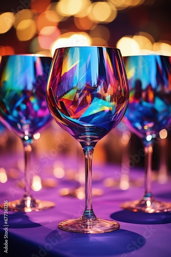 Wine glasses cleverly positioned with diverse mediums for a kaleidoscopic effect captured in a palette of psychedelic purple acid green and electric blue 