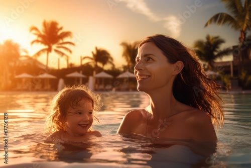 Mother and son swim in sea water with beautiful sunset. Summer tropical vacation concept. © rabbit75_fot