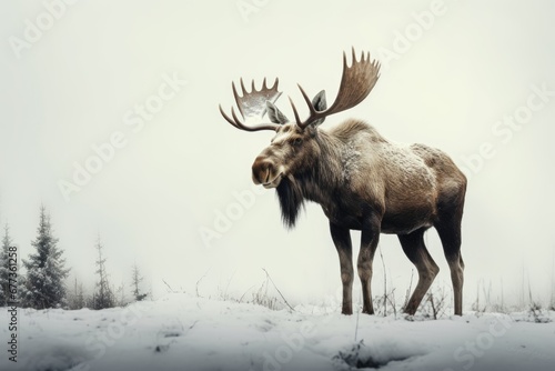 Moose stand in wild in Winter forest with snow.