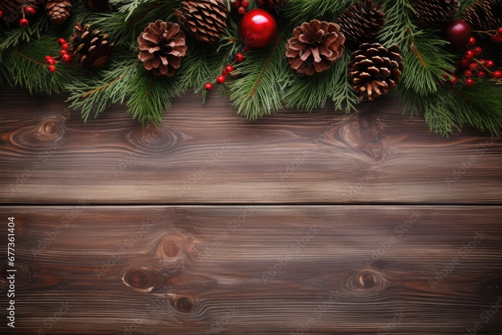 Pine tree branches with holiday ornament on wood table. Holiday decoration. Holiday seasonal concept. Pine tree branches with holiday ornament on wood table. Holiday decoration. Holiday seasonal concept.