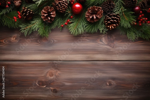 Pine tree branches with holiday ornament on wood table. Holiday decoration. Holiday seasonal concept.