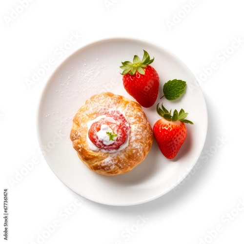 Top view on puff bun with strawberries on white background.