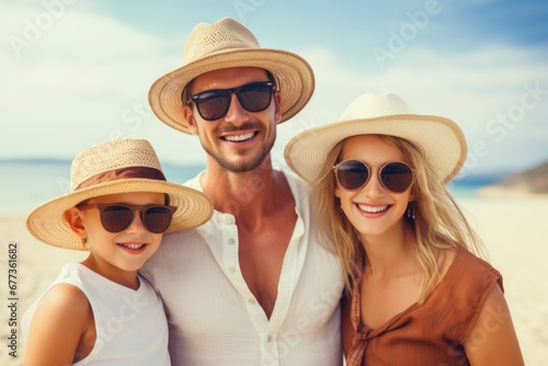Portrait of a happy family with beach hat at sand beach. Summer tropical vacation concept.