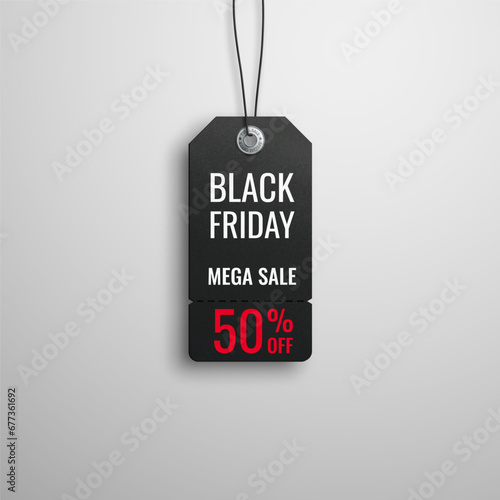 Black friday sale. Realistic price tag image. Black label on a white background. Special offer or shopping discount label. Sale, 50% discount, big discounts. Vector image, EPS10.