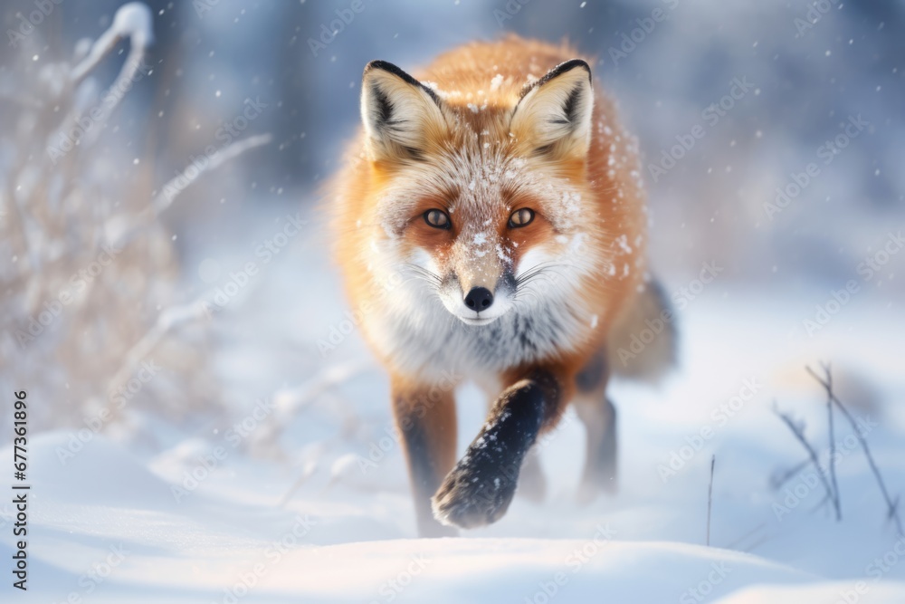 Obraz premium Beautiful red fox stand in wild in Winter with snow.
