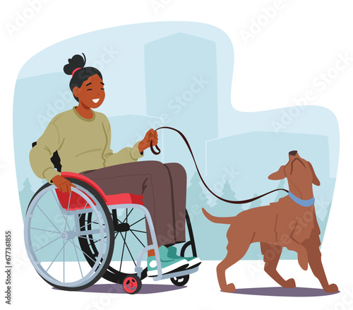 Resilient Woman In A Wheelchair, Accompanied By Her Loyal Dog, Gracefully Navigates The World, Vector Illustration