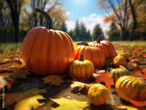 Fresh pumpkin in field. Autumn seasonal concept.