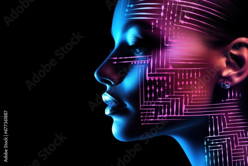 Tech-glow faces in neon blue and pink tones isolated on a gradient cyber lime and grid grey background 