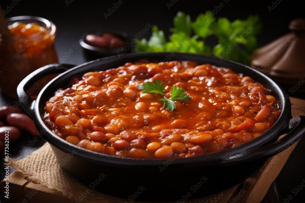 a delicious homemade pot of baked beans - obrazy, fototapety, plakaty 