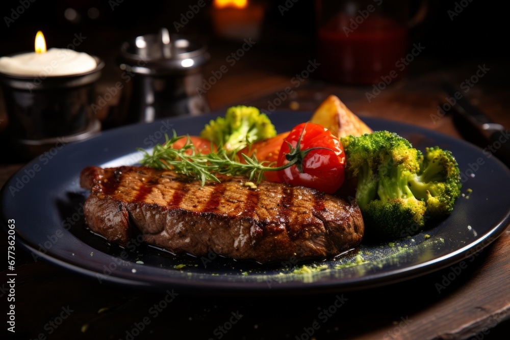 delicious beef steak served with side salad and potatoes on a restaurant delicious beef steak served with side salad and potatoes on a restaurant