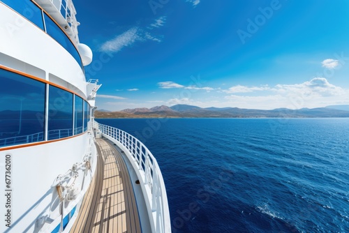Luxury cruise ship deck view in sea. Vacation travel concept.