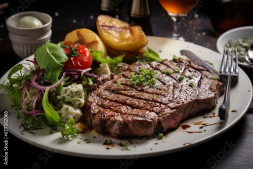 delicious beef steak served with side salad and potatoes on a restaurant