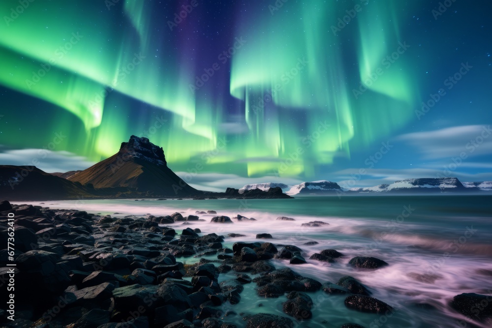 overtaking northern lights shining green over the coast of iceland