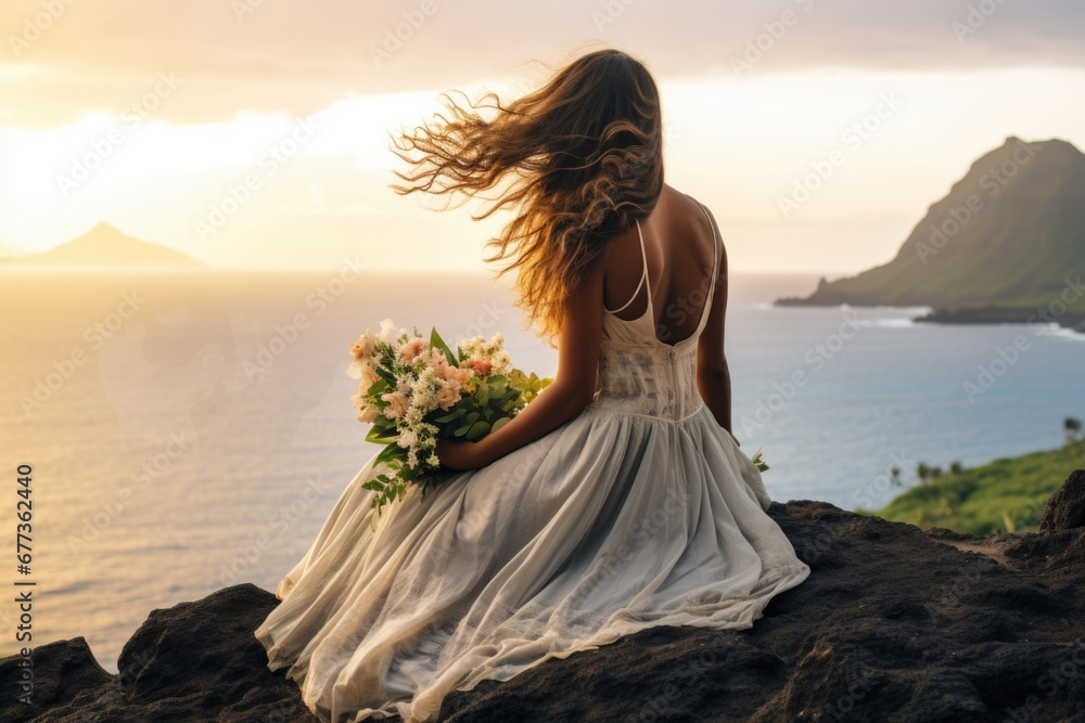 Lovely graceful lady sit by beach with a wedding floral boutique at sunset with beautiful seascape. Summer tropical vacation concept. Lovely graceful lady sit by beach with a wedding floral boutique at sunset with beautiful seascape. Summer tropical vacation concept.