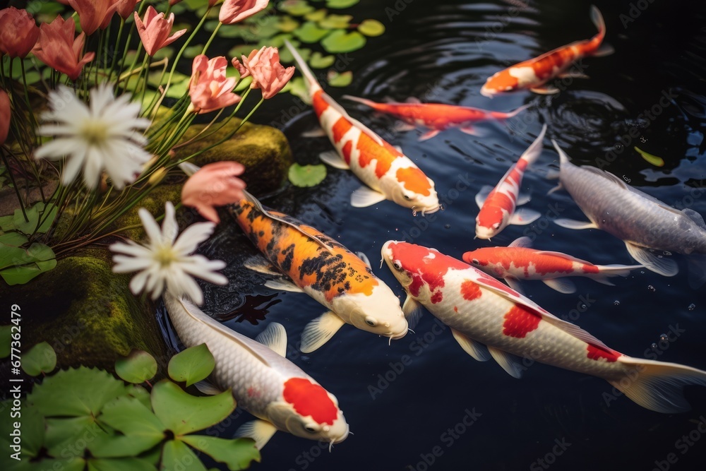 orange carps swimming  in a water pond in a japanese garden
