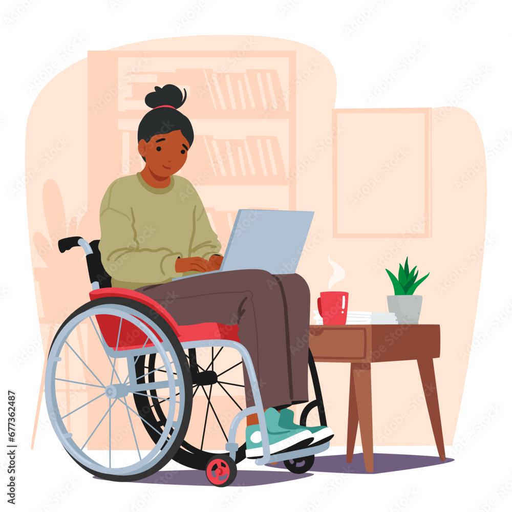 Black Determined Woman In A Wheelchair Works On Laptop With Unwavering Focus. Female Character Freelancer Black Determined Woman In A Wheelchair Works On Laptop With Unwavering Focus. Female Character Freelancer