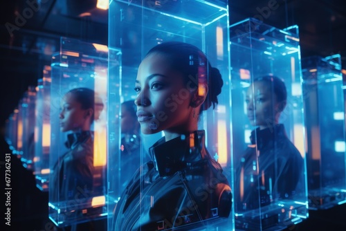 Futuristic close-ups of multi-ethnic faces lit by digital screens neon glow 