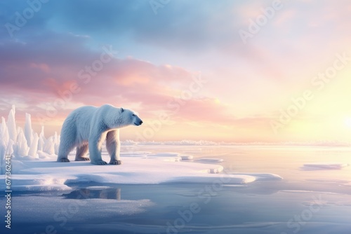 Polar bear stand in wild in Winter with snow at sunrise.