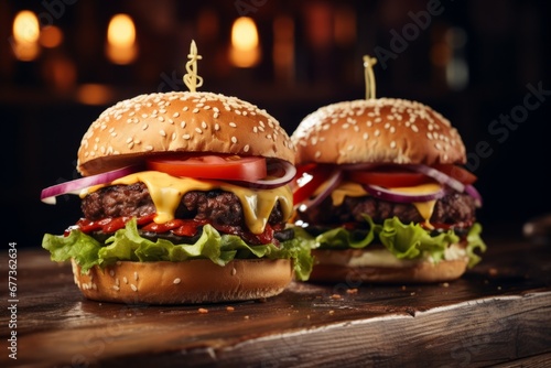 delicious american style complete hamburger with double meat, cheese, lettuce and tomato
