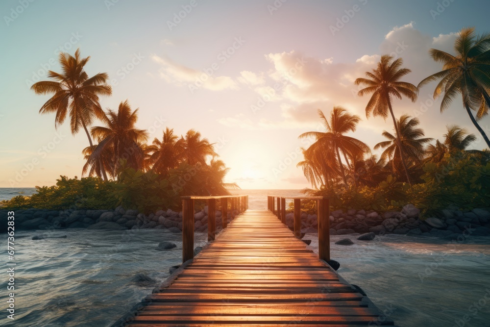 Beautiful sunset at beach with a path to island with palm trees. Summer tropical vacation concept.