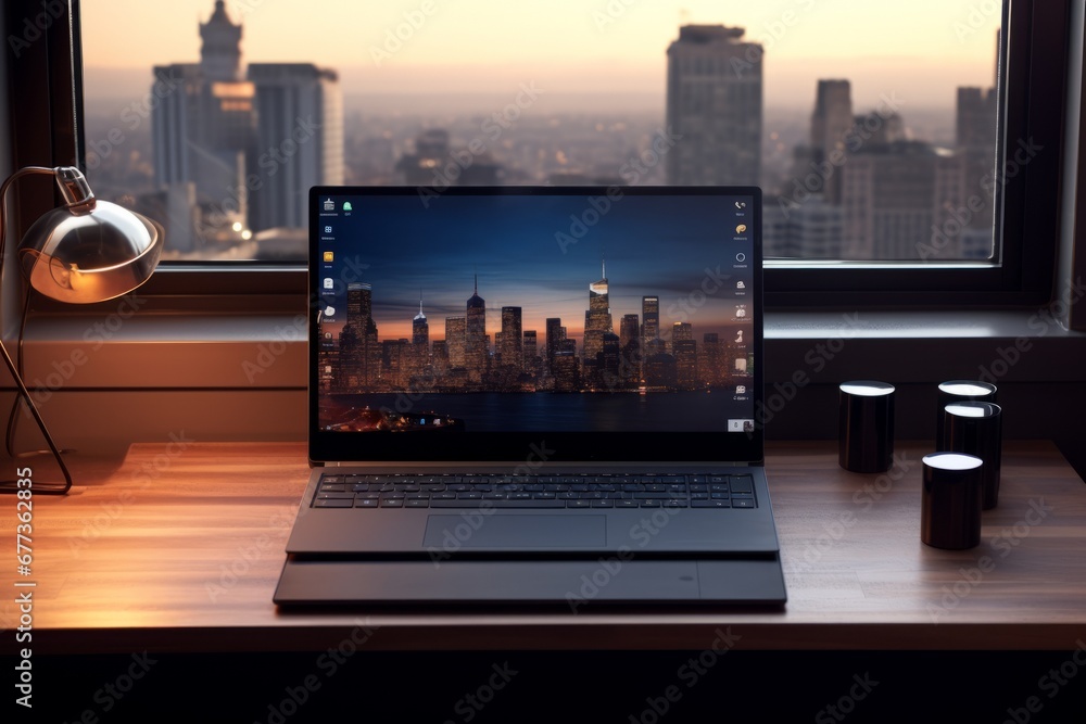 laptop computer on a desktop with a landscape wallpaper laptop computer on a desktop with a landscape wallpaper