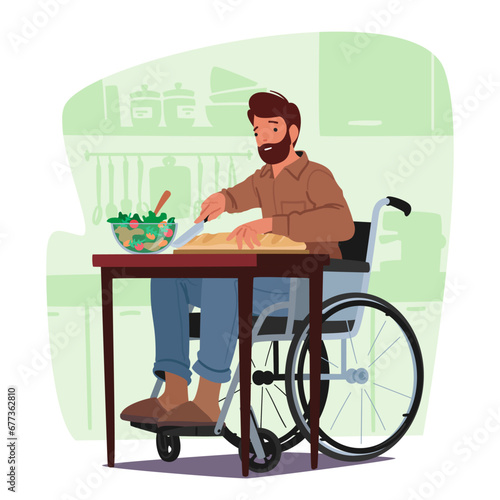 Disabled Man In A Wheelchair Confidently Prepares A Meal In His Accessible Kitchen, Male Character Showcasing Resilience